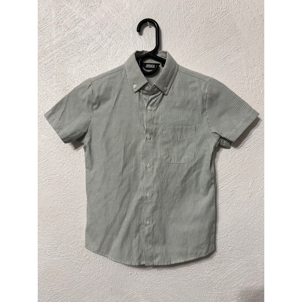 JOGAL Boys Size 8 Green White Striped Short Sleeve Button Down Shirt Casual